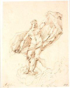 Mulher que, com um grande movimento, desdobra uma cortina atrás dela. Abaixo do arranhão direito de dois ignudi de Frantz Cleyn