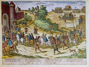 Entrada do Duque Fernando Álvare de Toledo ou Fernando Alvarez de Toledo y Pimentel (1508-1582), 3º Duque de Alba de Tormes, em Bruxelas a 08/08/1567 com o exército espanhol. 1653 Gravura de Franz Hogenberg (1535-1590) Gabinete de Gravuras, B.N., Paris.