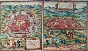 Planos da Cidade do México, México e Cusco City, Peru, de "Voyage Pittoresque" de Carl Nebel (gravura colorida) (ver 141102)