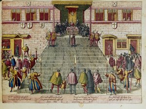 Leitura do ato de clemência em 05/04/1574 em Bruxelas: Guilherme I de Orange-Nassau, príncipe de Orange, apelidado de Guilherme, o Silencioso (1533-1584), iniciador da revolta contra Filipe II de Espanha, conhecida como a Guerra dos Quatro Vinte Anos, que 