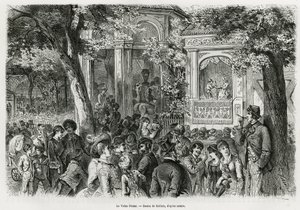 O Volks Prater: parte popular do prater principal, oferecendo inúmeras distracções, circo, orquestra e espectáculo de marionetas. Gravura de Kollarz, para ilustrar a história de Viena e seus arredores, de M. Newlinski, em 1881, publicada no Tour du monde,  de Franz (after) Kollarz