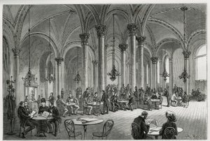 O café central em Viena (Áustria). Gravura de Kollarz, para ilustrar a história Viena e seus arredores, de M. Newlinski, em 1881, publicada no Tour du monde, sob a direção de Edouard Charton (1807-1890). de Franz (after) Kollarz
