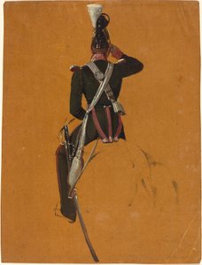 Um oficial de cavalaria montada visto de trás