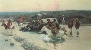 Comboio de Cherkess atravessando um rio (óleo sobre tela) de Franz Alekseevich Roubaud