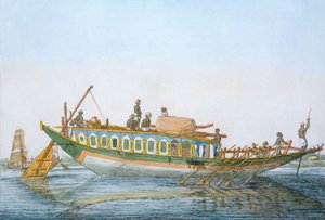 Badjera, embarcação fluvial cabinada com um grande leme de leme, de "The Hindus, ou a descrição de suas maneiras, trajes e cerimônias", c.1808-12 (gravura colorida)