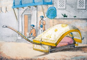 D&39;jehalledar, ou transporte de cama com cama de frente extra-longa, de "Os costumes, costumes e vestidos dos hindus", 1799 (gravura colorida) de Franz Balthazar Solvyns