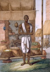 Mercearia fora de sua loja com mercadorias em sacos, de "Os hindus, ou a descrição de suas maneiras, trajes e cerimônias", c.1808-12 (gravura colorida) de Franz Balthazar Solvyns