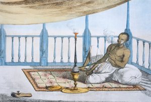 Homem fumando um narguilé de ouro de ópio de haxixe, de "Os hindus ou a descrição de seus costumes e cerimônias", pub. 1808-12 (gravura colorida)