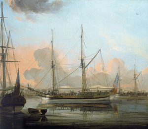 O navio "Charlotte" de Chittagong, Bangladesh, e outros navios, ancorados no rio Hugli (Índia), em Calcutá. Óleo sobre tela de Franz Balthazar Solvyns