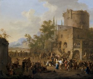 Vista de uma cidade italiana com figuras a dançar o Saltarello