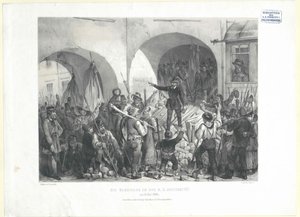 A barricada na Universidade K. K. em 26. maio de 1848 (litografia) de Franz Gerasch