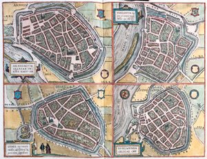 Arnhem e Venlo, Holanda - Geldern, Alemanha e Ruermonde, Holanda (gravura de Franz Hogenberg