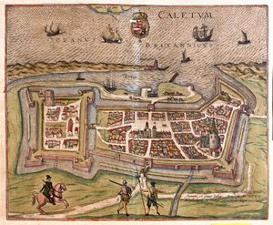 Calais, França: o portão, fortaleza e chave da França, ficou sob o poder do Rei Filipe espanhol em 1597 (gravura de Franz Hogenberg