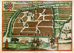 Mapa de Moscou (Rússia) - Obra de Frans Hogenberg (1535-1590), gravura e aquarela extraídas do terrário Civitates orbis de Franz Hogenberg