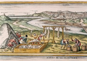 Conil de la Frontera, os pescadores secam o peixe, cortam-no, vendem-no e embalam-no em barris para venda, da "Civitatis Orbis Terrarum". de Franz Hogenberg