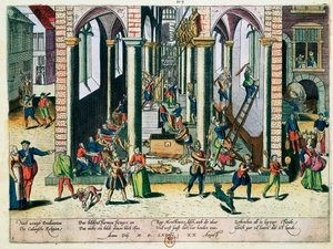 Destruição de relíquias e estátuas em igrejas, abril de 1566 (gravura colorida) de Franz Hogenberg