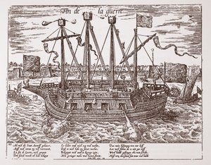 &39;Fin de la Guerre&39;, navio de guerra construído para as Províncias Unidas, 1585 de Franz Hogenberg