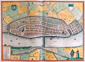 Kampen e o rio IJssel ou Yssel, Holanda (gravura de Franz Hogenberg