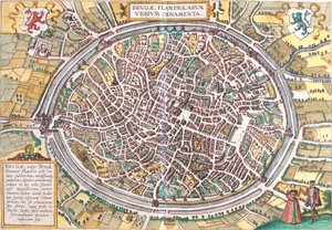 Mapa de Bruges (Brugae), Bélgica (gravura de Franz Hogenberg