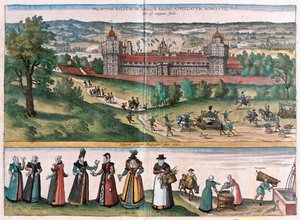 Palácio de Sans-Elike, Surrey, Inglaterra (gravura de Franz Hogenberg