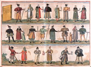 Vários trajes de Dithmarschen e dos arredores, Alemanha (gravura de Franz Hogenberg