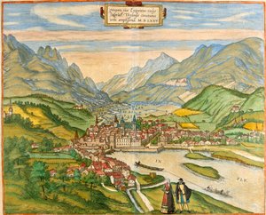 Vista de Innsbruck (Eníponos ou Enipontus), Áustria (gravura de Franz Hogenberg