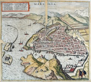 Vista de Marselha no século 16, mostrando o hospital de leprosos no canto inferior esquerdo, de &39;Le Théâtre du Monde&39; por Georg Braun, 1599 de Franz Hogenberg