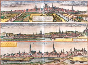 Vista de Munster (Monasterium), Osnabruck (Osnabrugum) e Wesel (Weselia), Alemanha (gravura de Franz Hogenberg