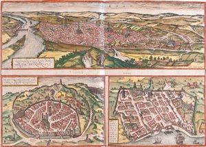 Vista de Rouen (Rotomagus), Nimes (Nemausus) e Bordeaux (Burdigala), França (gravura de Franz Hogenberg