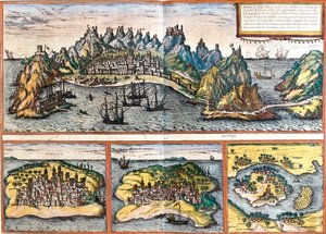 Vista de Aden (Iémen), Mombaça (Mombaza) (Quénia), Kilwa Kisiwani (Quiloa) (Tanzânia) e Cefala Diana (Cefala) (Sicília, Itália) (gravura de Franz Hogenberg
