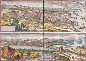 Vistas de Barcelona e Ecija (Eciia), Espanha (gravura de Franz Hogenberg