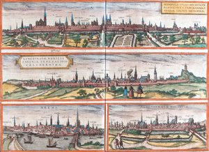 Vistas de Brunswick (Brusvicum), Lüneburg (Loneburgum), Breme (Brema) e Oldenburg (Aldenburgum), Alemanha (gravura de Franz Hogenberg