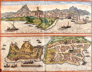 Vistas da Cândia (Candia), actual Heraklion na ilha de Creta e Corfu ou Corcyra (Corphu), ilha grega (gravura de Franz Hogenberg