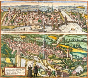 Vistas de Constance (Contantia), Alemanha e St. Galli (S. Galli), Suíça (gravura de Franz Hogenberg