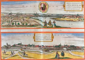Vistas de Dresden (Dresa) e Leipzig (Lipsia), Alemanha (gravura de Franz Hogenberg