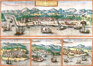 Vistas de Kozhikode ou Calicut (Calichut) (Índia), Ormuz (Ormus) (Irão), Cannanore ou Kannur (Canonor) (Índia) e São Jorge da mina (S. Georgii) ou Elmina (Gana) (gravura de Franz Hogenberg