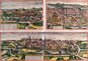 Vistas de Montpellier (Monspessulanus), Tours (Turo) e Poitiers (Pictavis), França (gravura de Franz Hogenberg