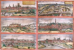 Vista de Munique (Monacum) Ingolstadt (Ingolstadium), Freising (Frisingensis), Nordlingen (Nordlinga), Regensburg (Ratispona) e Straubing (Stravbinga), Alemanha (gravura de Franz Hogenberg