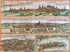 Vistas de Nuremberga (Nurnberga), Ulm (Ulma), Lindau (Lindola), Alemanha e Salzburg (Salisburgensis) na Áustria (gravura de Franz Hogenberg