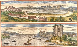 Vista de Pozzoli (Puteoli) e Baías (Baiae) (Baia actual), Itália, com os antigos restos dos banhos térmicos do Golfo de Nápoles e uma fortaleza (gravura de Franz Hogenberg