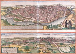 Vistas de Toledo e Valladolid (Vallisoletum), Espanha (gravura de Franz Hogenberg