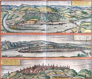 Vistas de Treves (Treveris), Koblenz (Coboletz) e Rothenburg (Rotenburgum), Alemanha (gravura de Franz Hogenberg