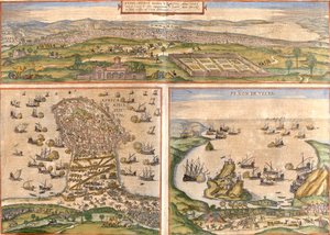 Vistas de Tunis (Tunes) e Mahdia (Afrodisium) na Tunísia, e Penon de Velez de la Gomera ou Badis (Bades) (Penon de Veles), penon de Veles, disputadas entre Espanha e Marrocos (gravura