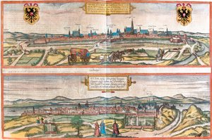 Vistas de Viena (Viena), Áustria e Budapeste (Buda), Hungria (gravura de Franz Hogenberg