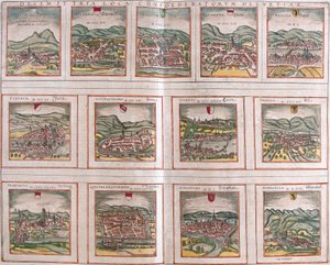 Vistas das principais cidades da Confederação Suíça: Schwytz (Svicia), Zug (Tugium), Glaris (Glarona), Bale (Basilea), Zurique (Tugurum), Berna (Ursina), Lucerna (Lucerna), Uri (Ursella), Fribourg (Frigurgum), Solothurn (Soloturensis), Schaffhausen (Schape de Franz Hogenberg