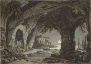 Paisagem ideal com gruta rochosa, túmulos e ruínas ao luar, c. 1790.