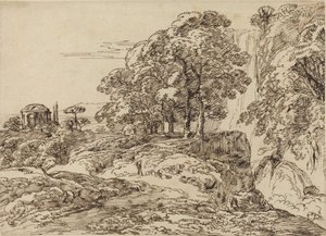 Paisagem pastoral com uma cachoeira e um templo