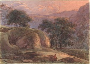 Viajante em uma paisagem montanhosa ao pôr do sol