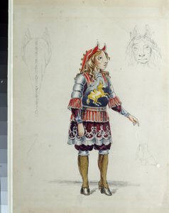 Desenho de trajes para o Ballet The Little Humpbacked Horse de C. Pugni (1802-1870). O pequeno cavalo. Trabalho de Franz Iosifovich Nordmark, lápis e aguarela sobre papel de Franz Iosifovich Nordmark