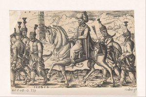 Sultão a cavalo acompanhado por soldados de Franz Isaac Brun